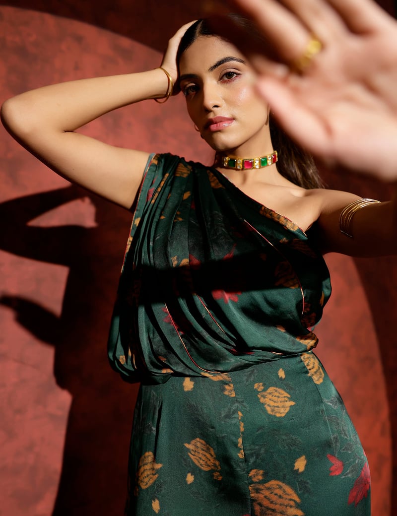 Green One-Shoulder Draped Printed Wide-Leg Jumpsuit