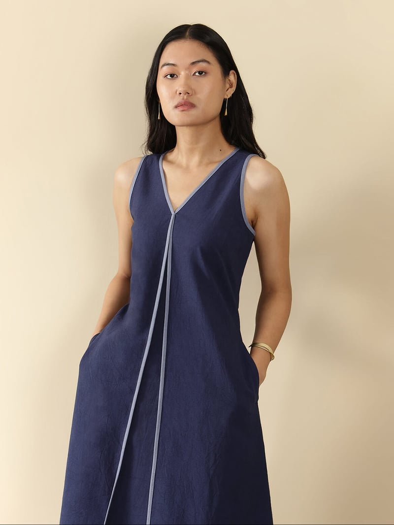 Denim Blue Linen Blend V-Neck A-Line Midi Dress