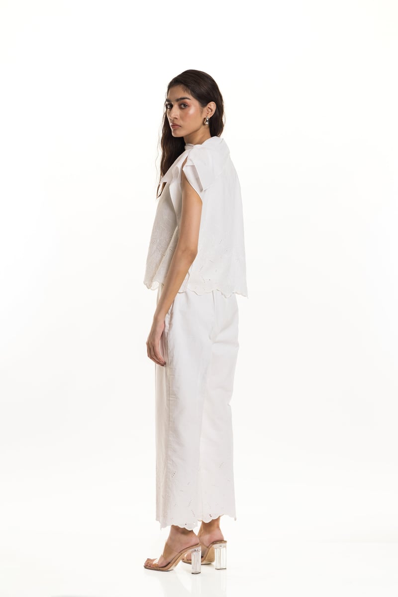 White Cotton Schiffli Drape Top with Scalloped Hem
