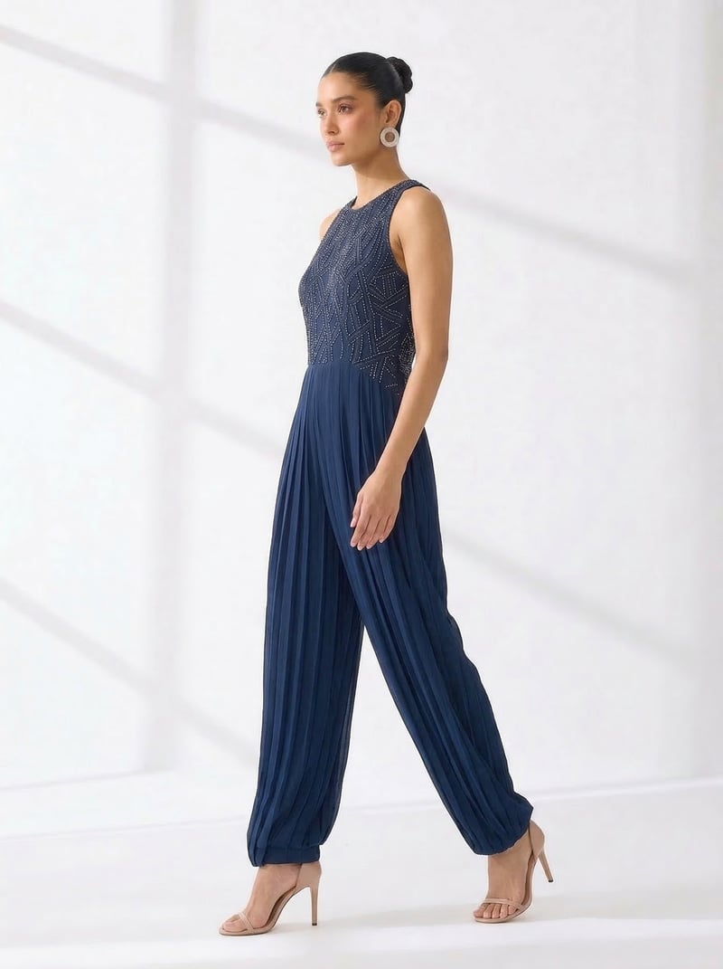 Navy High-Neck Embellished Pleated Jumpsuit