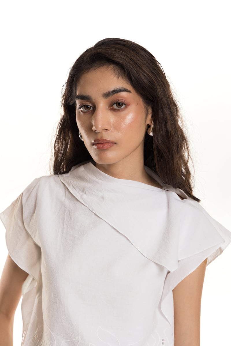 White Cotton Schiffli Drape Top with Scalloped Hem