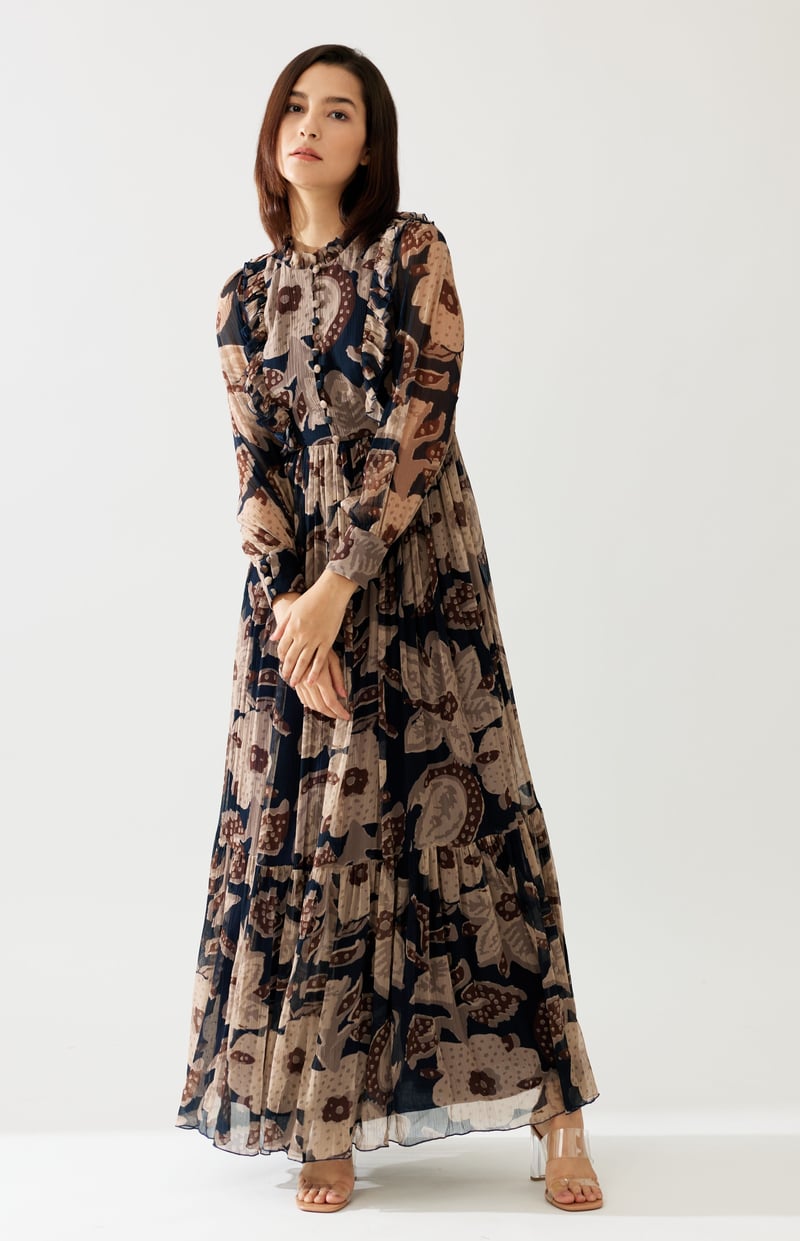 Dark Blue And Beige Floral Long Dress