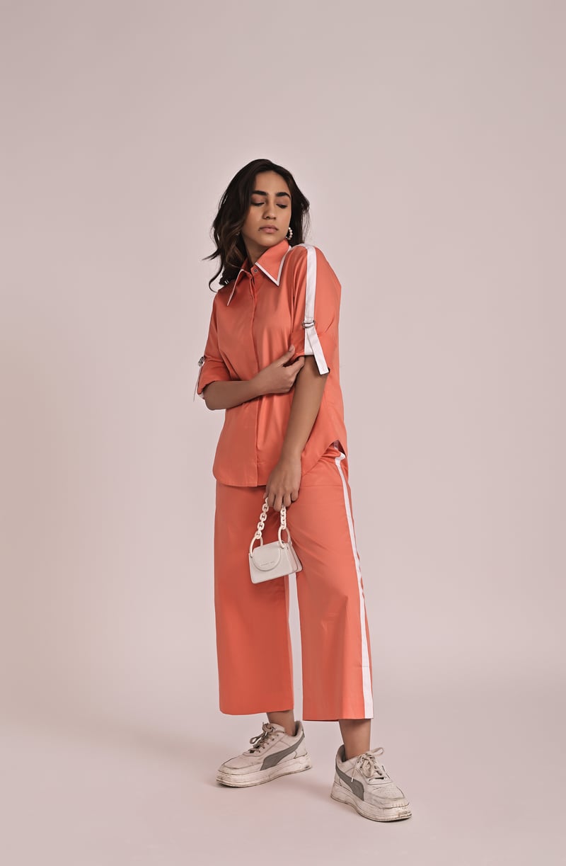 Orange Cotton Satin Shirt and Wide-Leg Pants Co-ord Set
