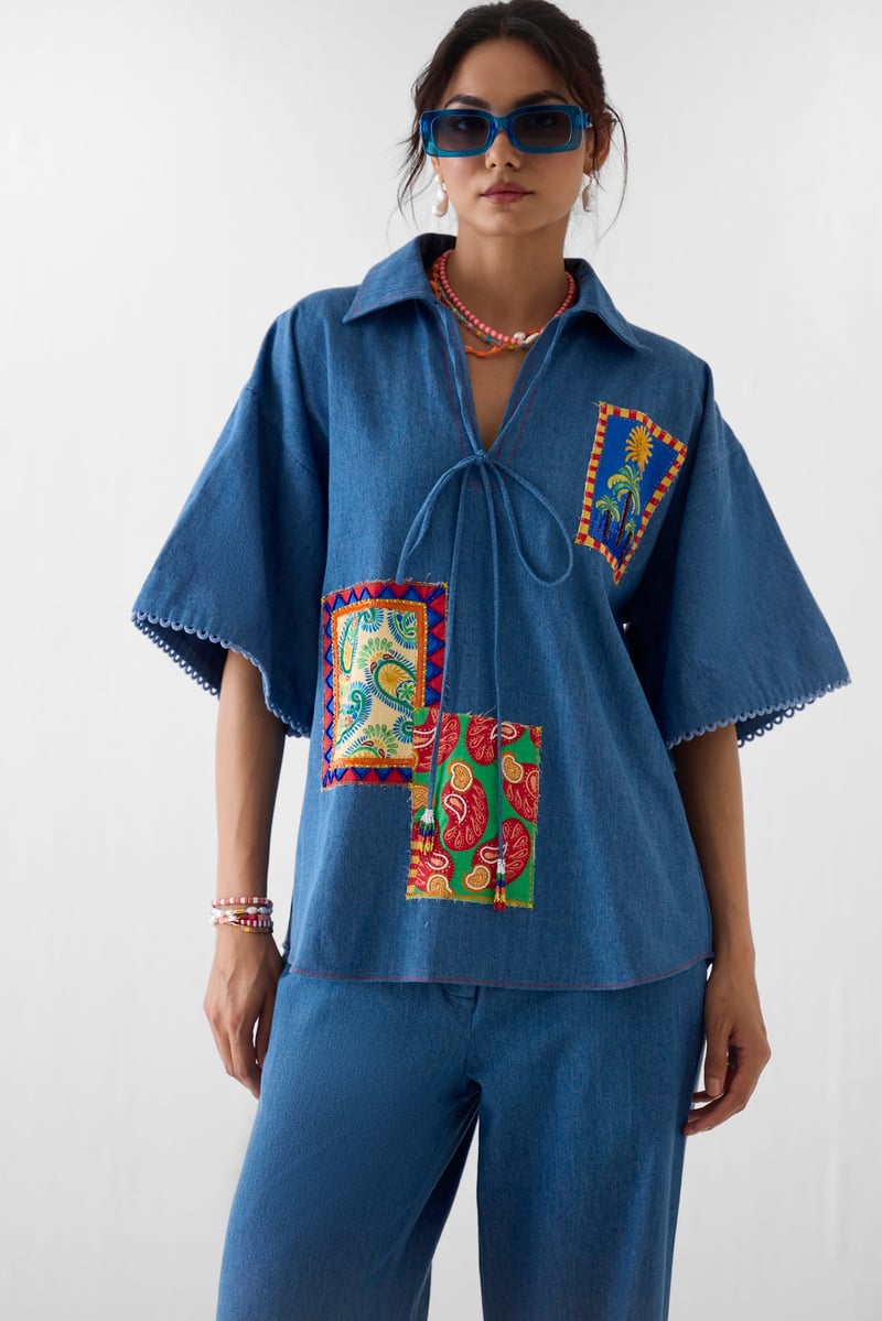 Denim Blue Patchwork Shirt and Trousers Co-ord Set