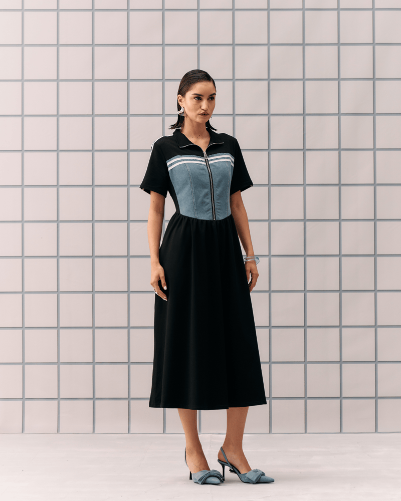 Black Colorblock Zip-Front Collared Midi Dress