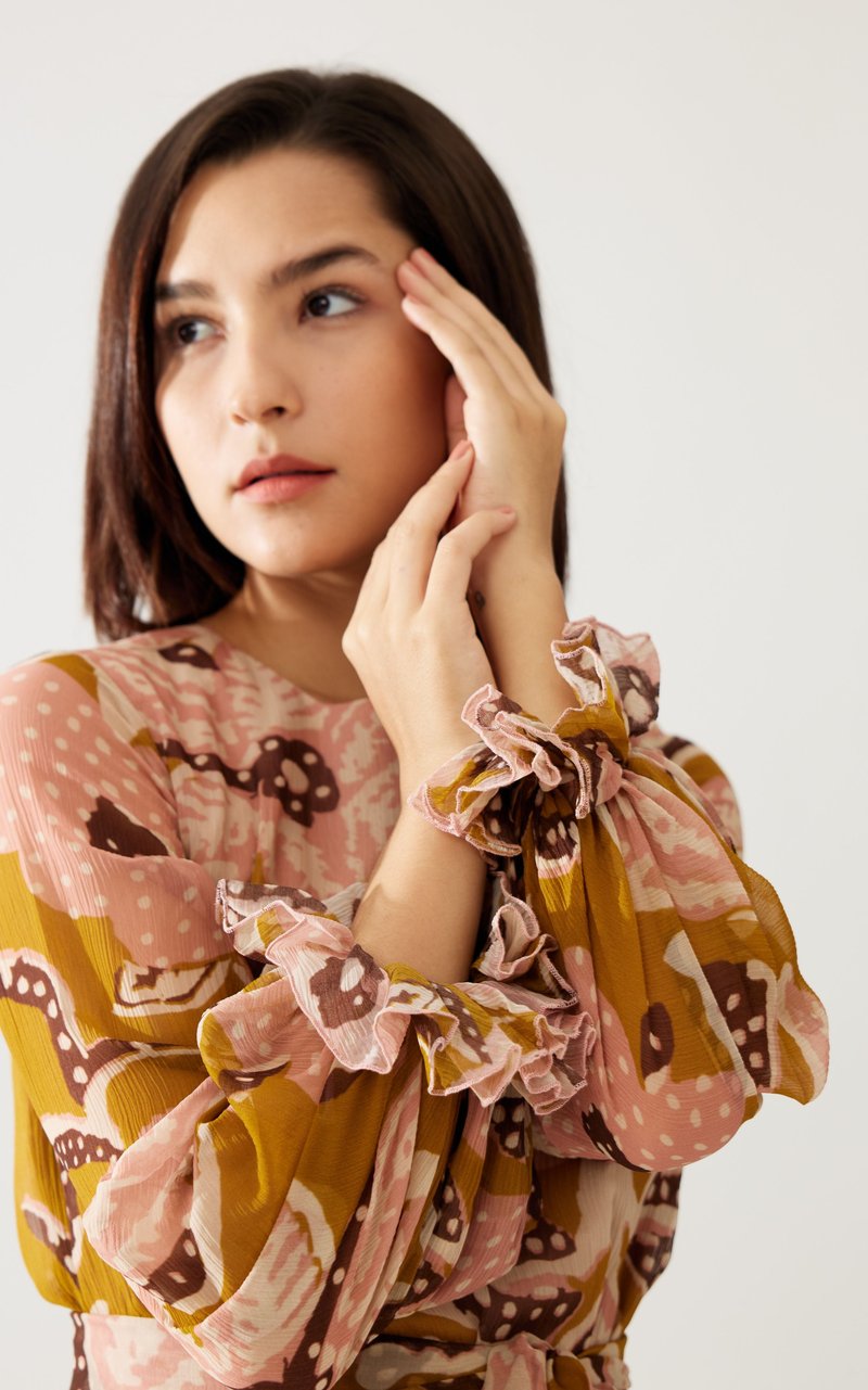 Mustard And Pink Floral Midi Dress