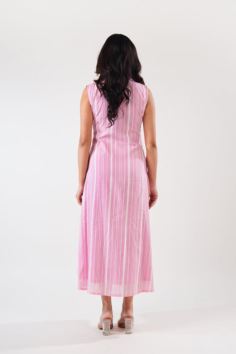Pink Striped Zip-Front Midi Dress with Lapel Collar