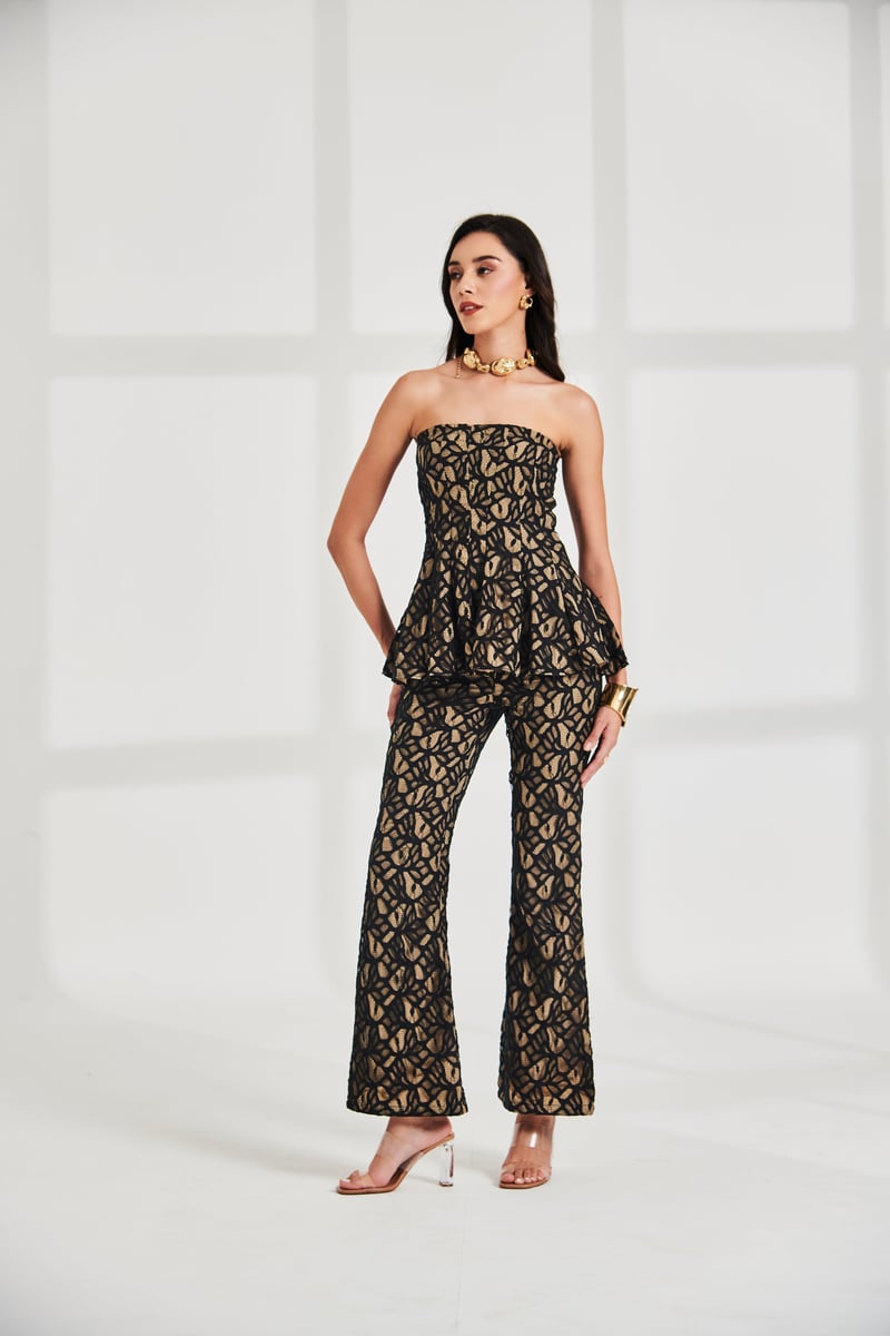 Black Cutwork Lace Bandeau Peplum Top