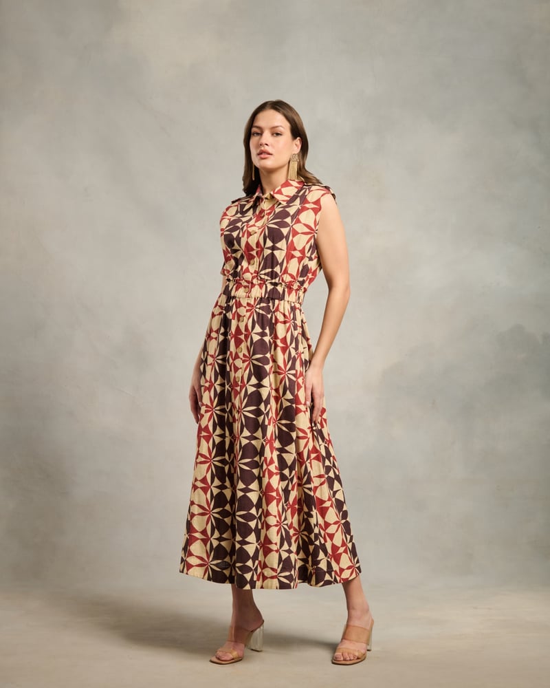 Beige Geometric Printed Sleeveless Shirt Midi Dress