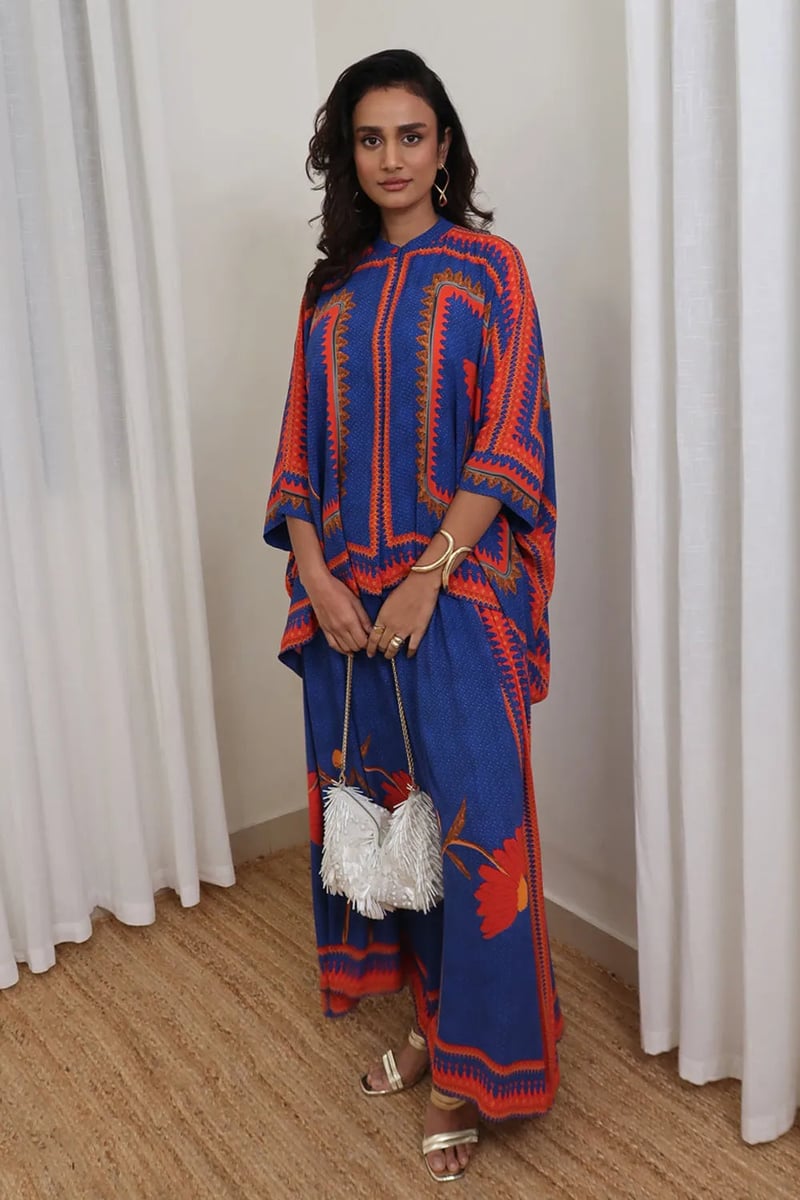 Blue Printed Cape Top and Wide-Leg Pants Co-ord Set