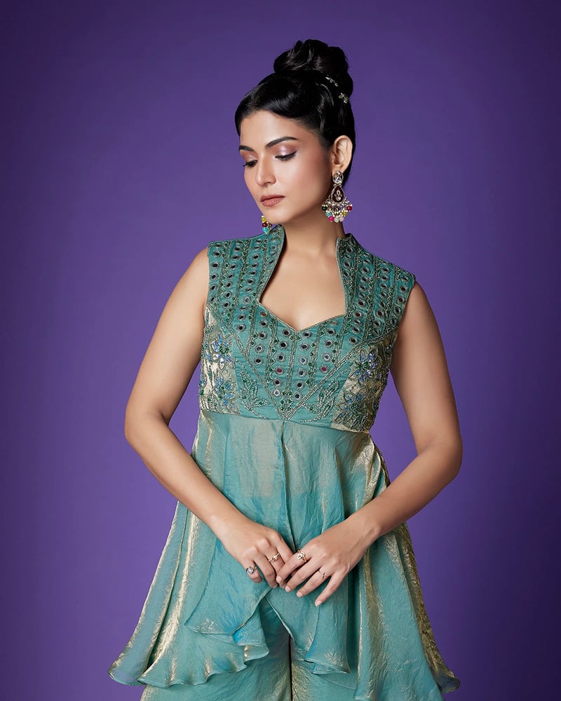 Sea Green Shimmer Peplum and Palazzo Co-ord Set