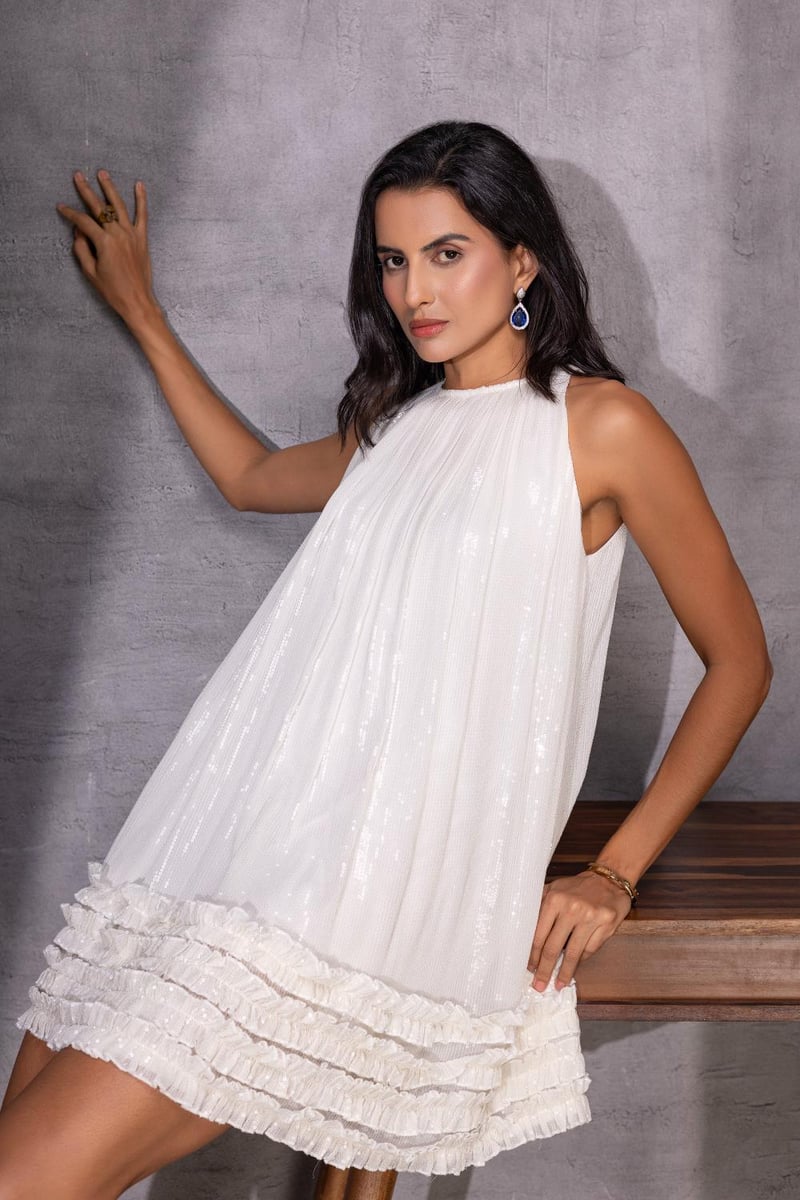 White Sequin Halter Neck Mini Shift Dress