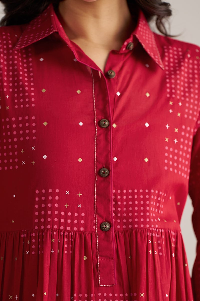 Samba Red Block Print Tiered Kurta and Pant Co-ord Set