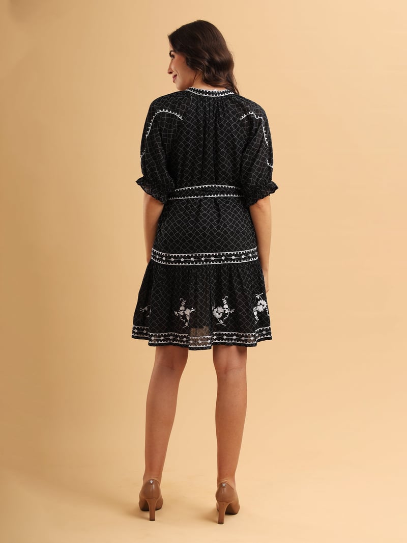 Black Embroidered Tiered Mini Dress with Waist Tie