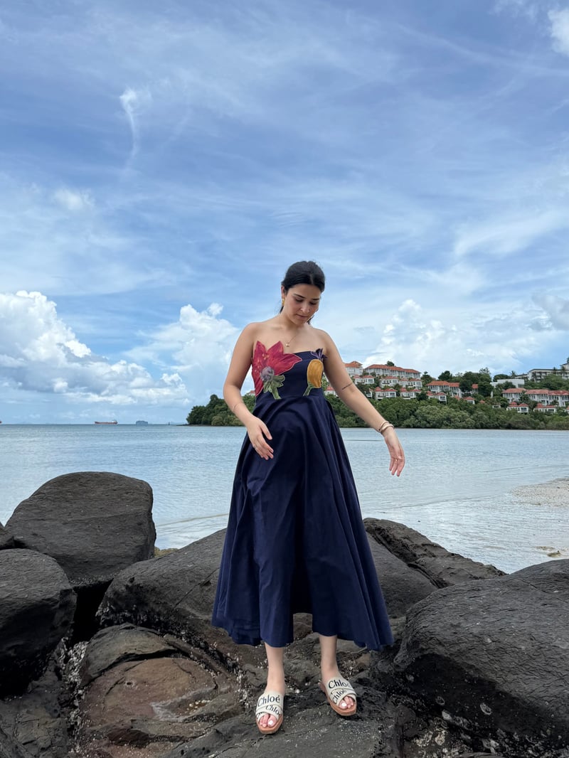 Navy Off-Shoulder Cotton Midi Dress with Floral Applique