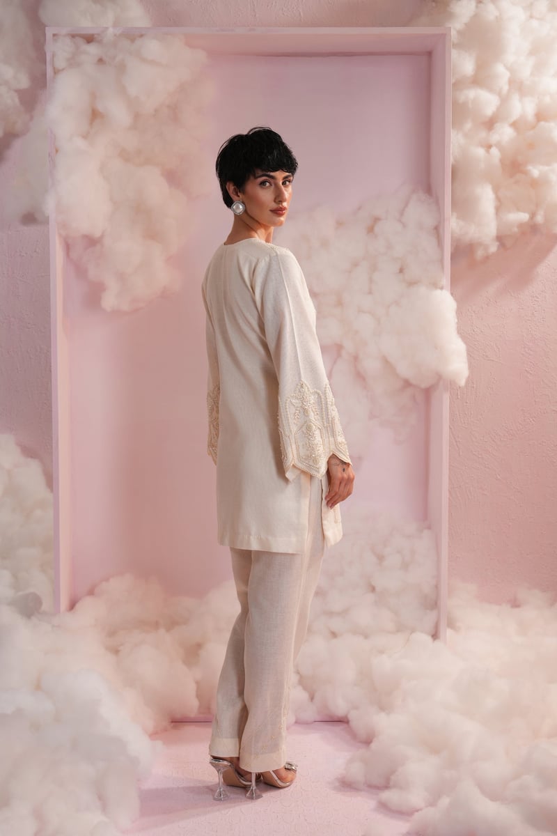 Baby Pink Pearl Embroidered Kurta and Flared Pant Co-ord Set
