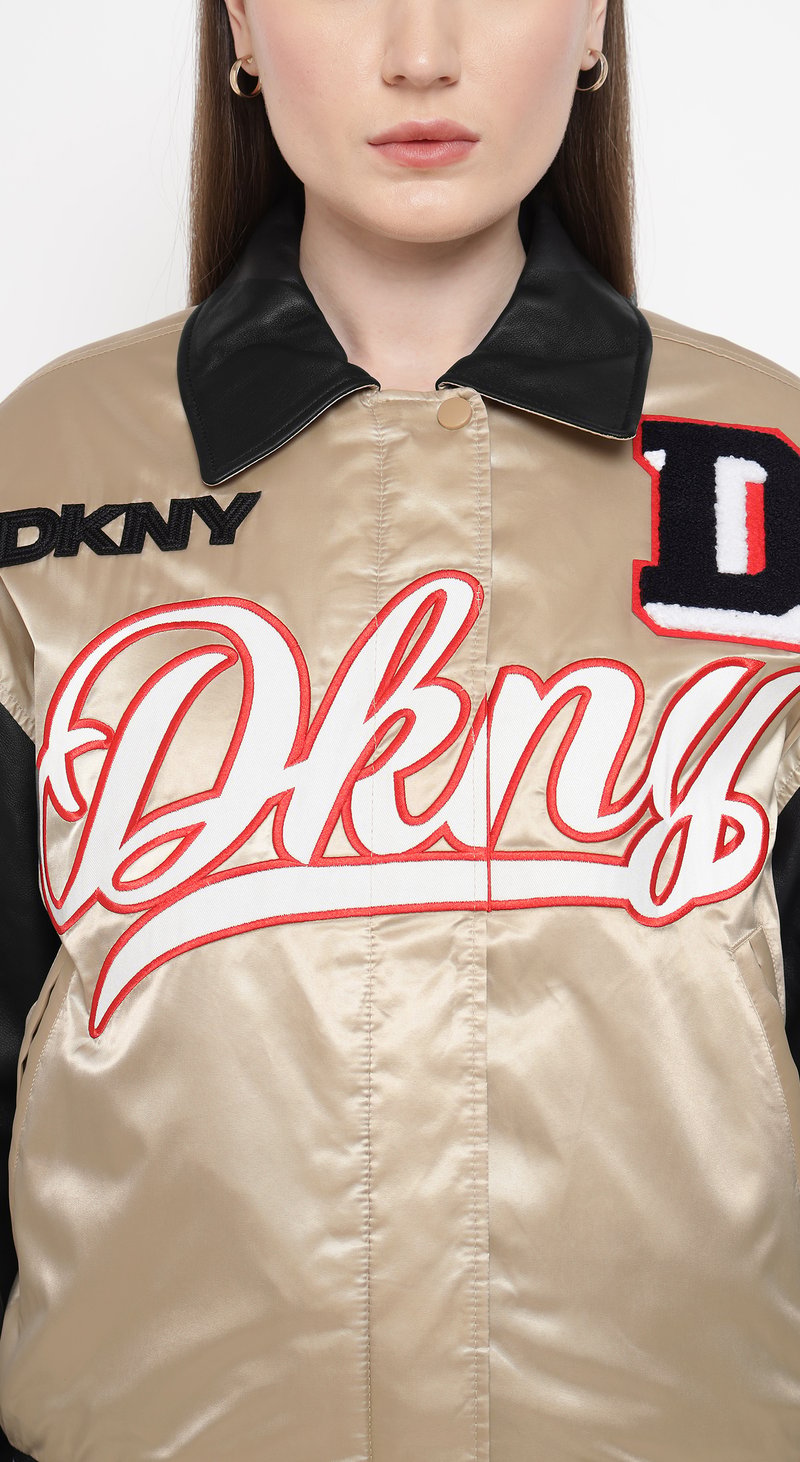 Beige and Black Colorblock Varsity Bomber Jacket