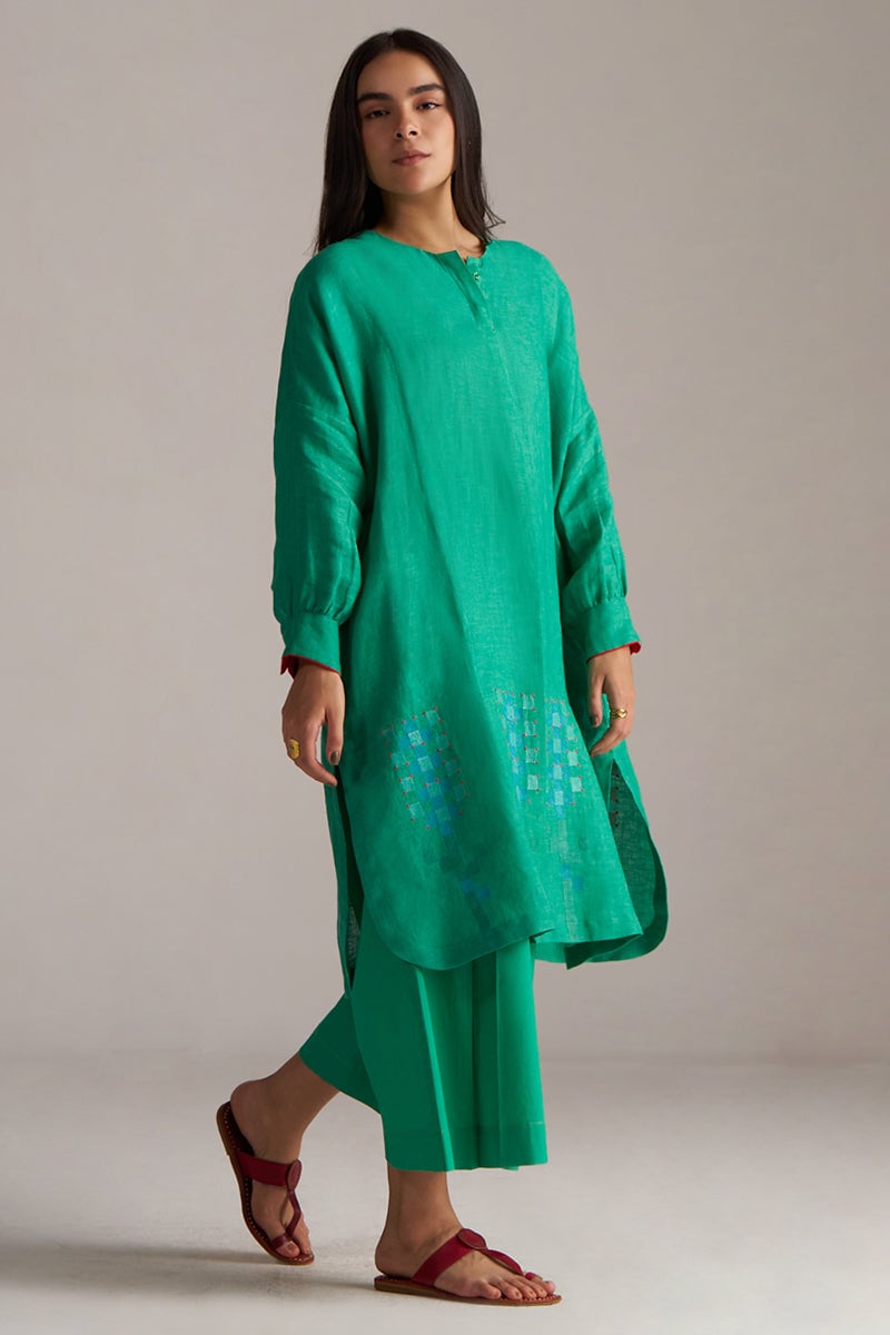 Simply Green Linen Kurta and Wide-Leg Pants Co-ord Set