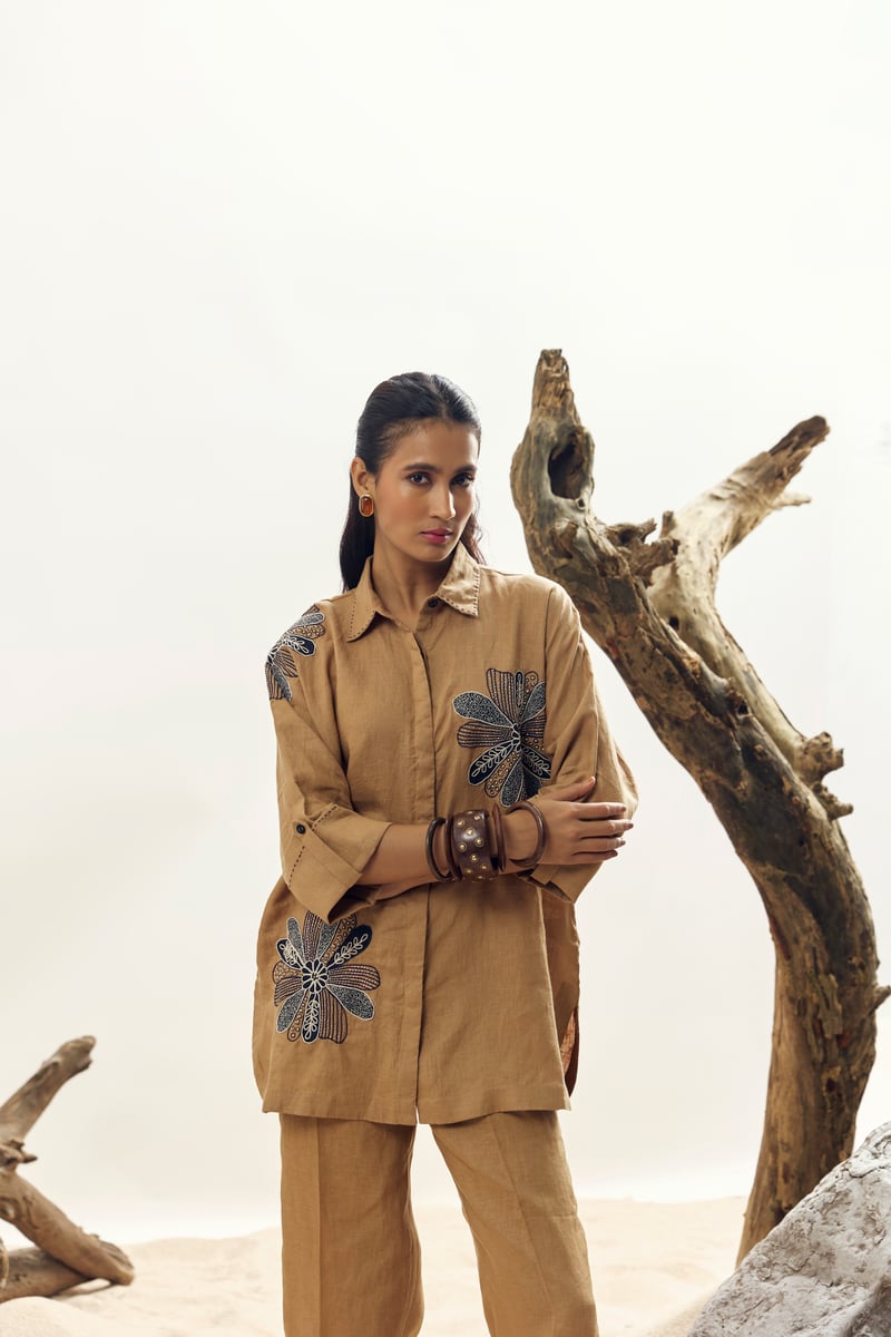 Camel Linen Embroidered Longline Shirt