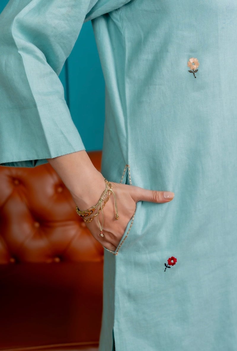 Blue-Green Linen Straight Kurta Set with Floral Embroidery