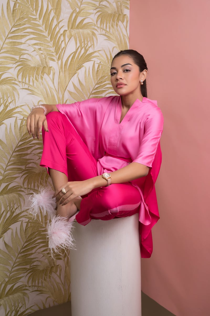 Pink Colorblocked Kaftan Top and Straight Pants Co-ord Set