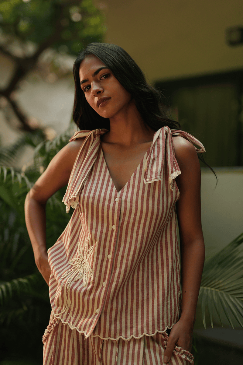 Red and Beige Striped Tie-Shoulder Button-Front Top