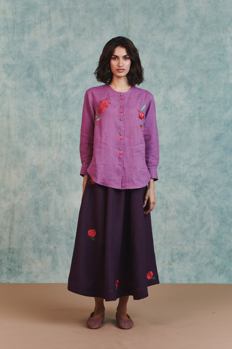 Berry Linen Embroidered Round Hem Shirt
