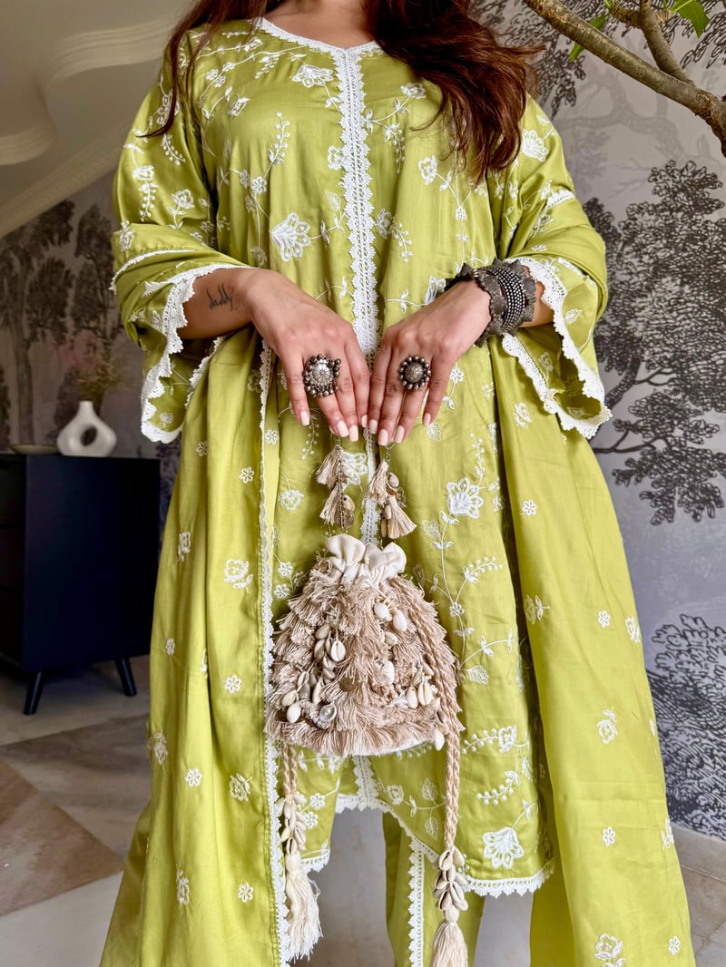 Green Cotton Embroidered Kurta Set with Lace Trim