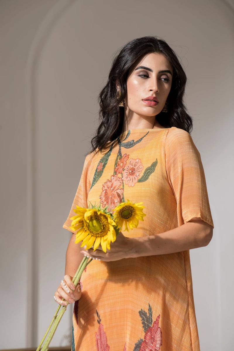 Golden Yellow Floral Lurex Kaftan Kurta Set with Palazzo