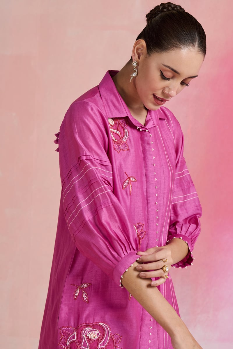 Bright Pink Chanderi Embroidered Kurta Set with Pants