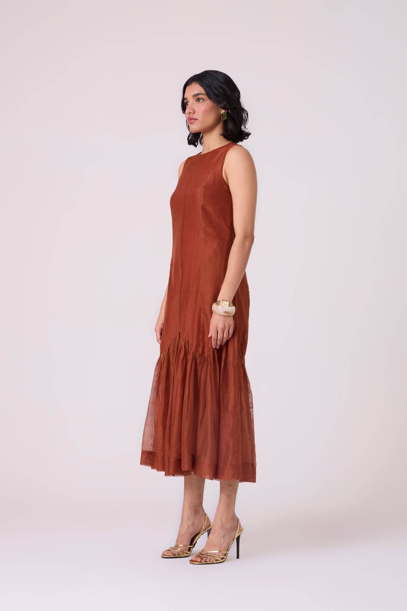 Copper Sleeveless A-Line Tiered Midi Dress