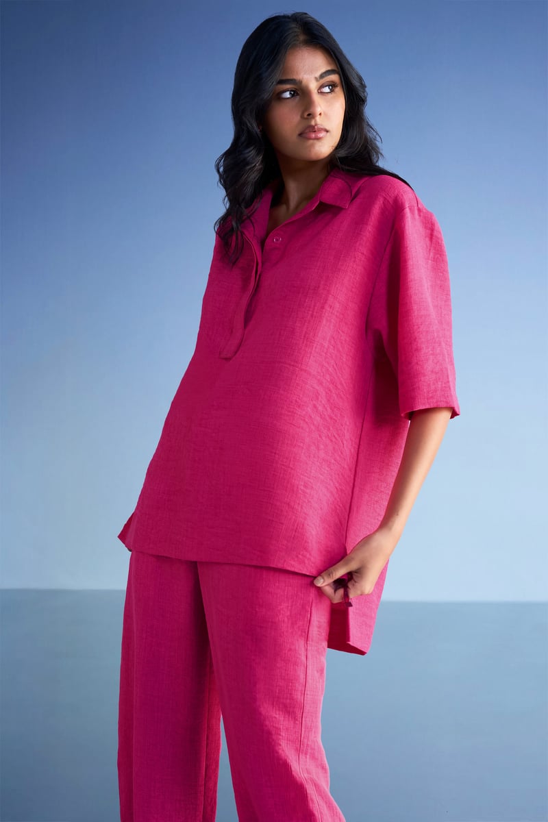 Fuchsia Straight Cut Linen-Blend Relaxed Trousers
