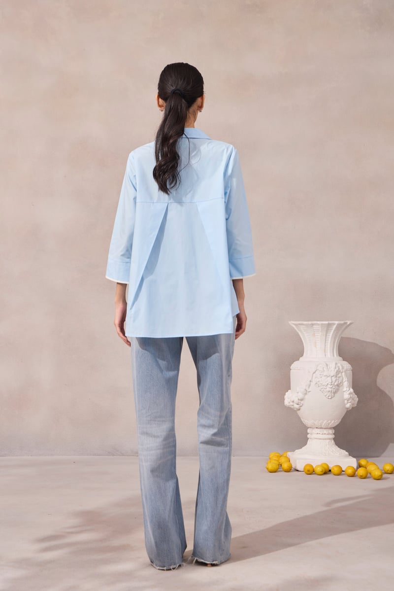 Frost Blue Cotton Poplin Shirt with Applique and Pearl Pocket