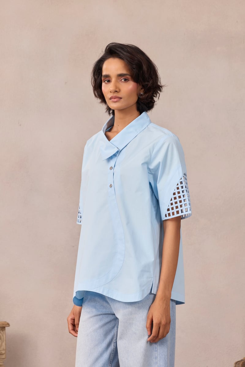 Frost Blue A-Line Shirt with Geometric Mesh Sleeve Inlay