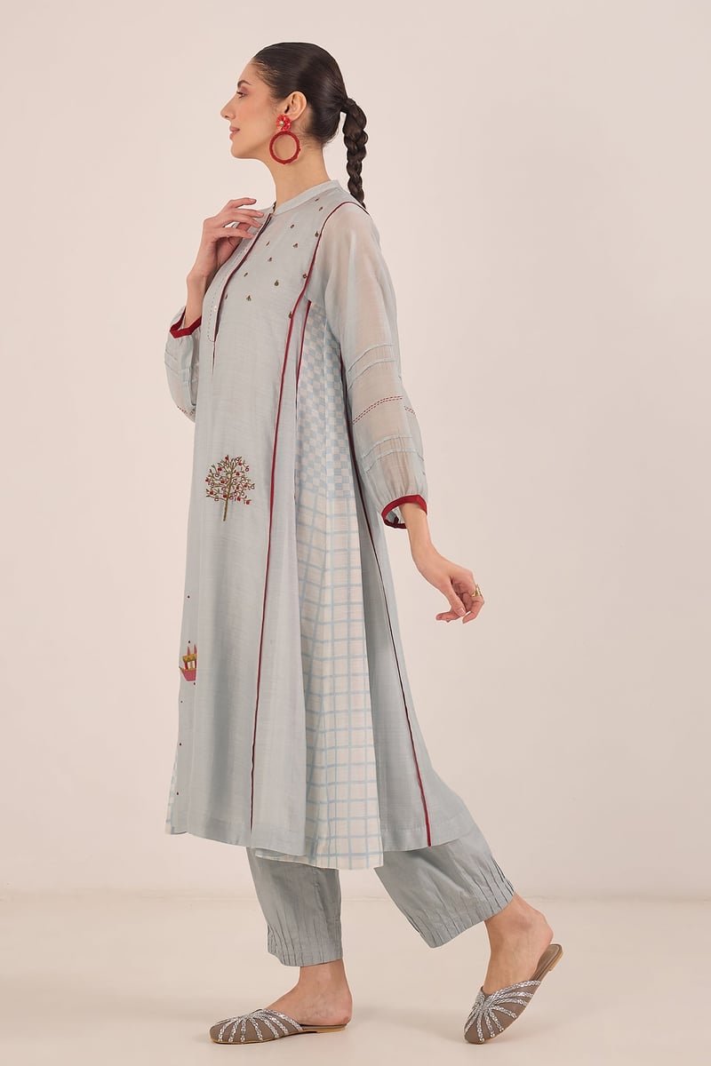 Powder Blue Chanderi Kali Kurta Set with Red Piping