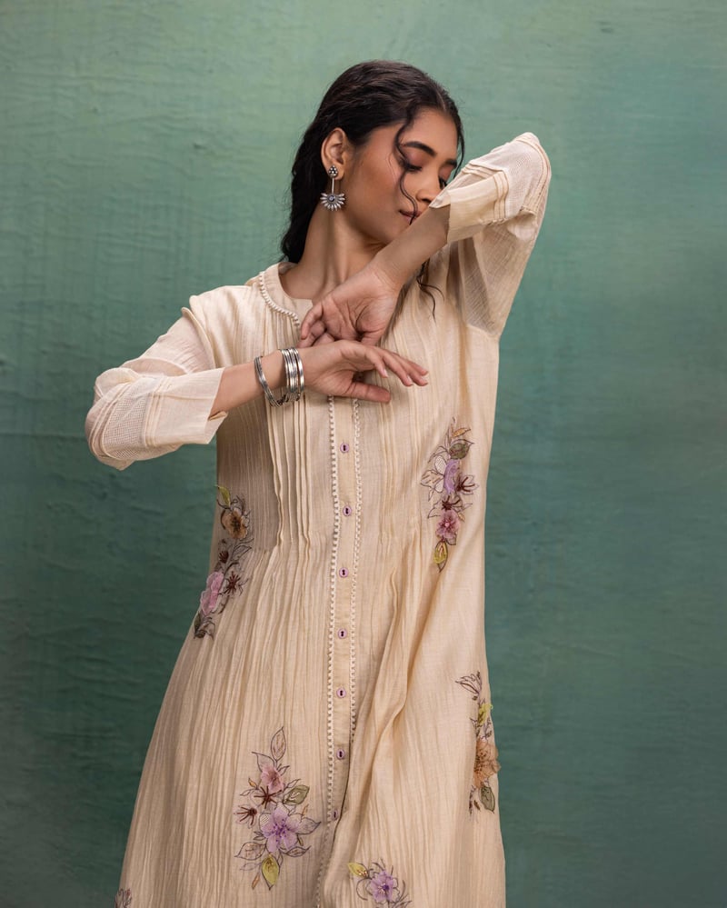 Cream Chanderi Embroidered Kurta and Pant Co-ord Set