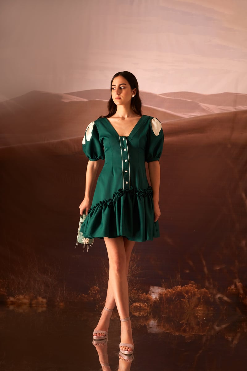 Green Fit and Flare Mini Dress with Puff Sleeves