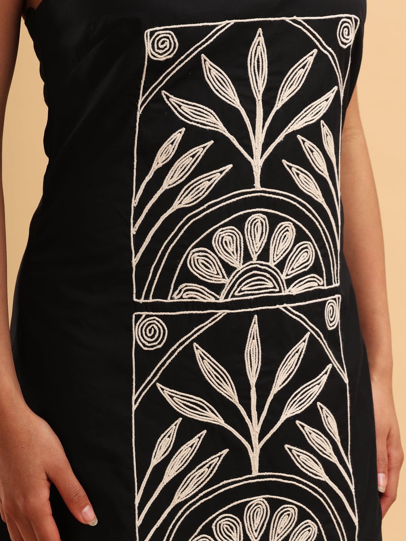 Black One-Shoulder Maxi Dress with Embroidered Panel