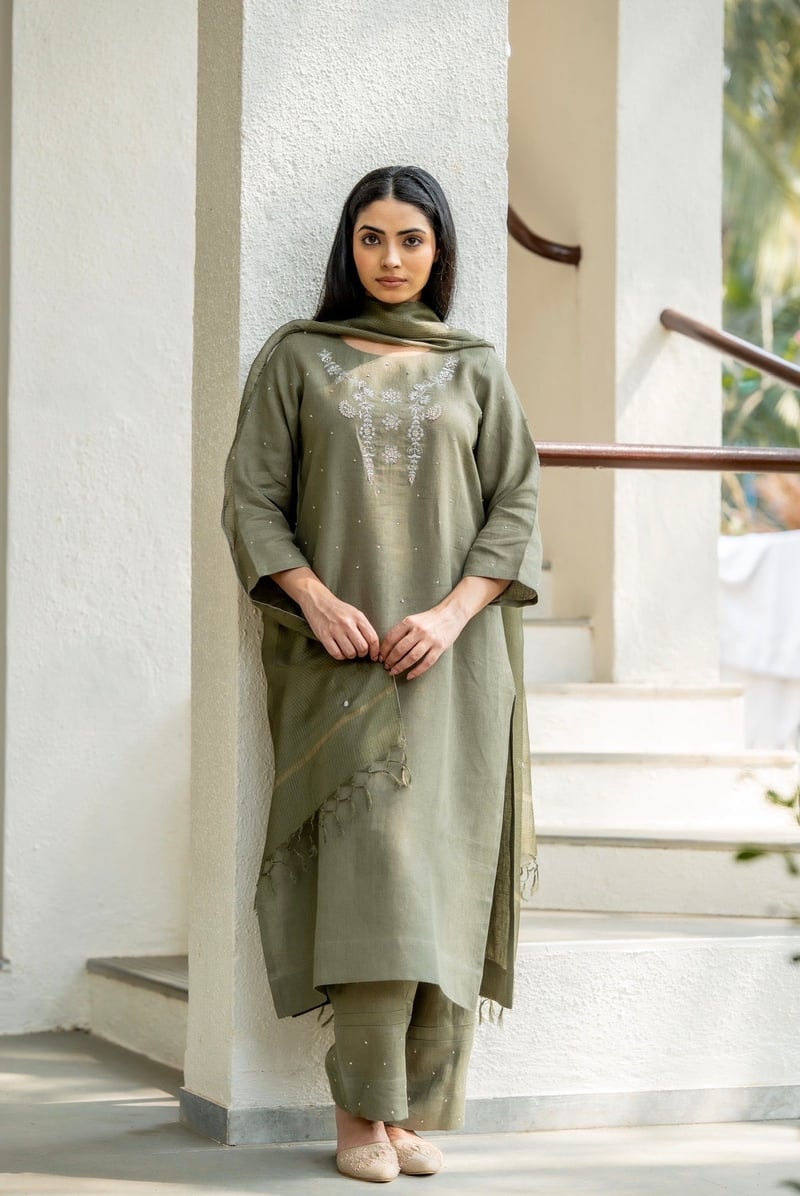 Olive Green Linen Straight Kurta Set with Dupatta
