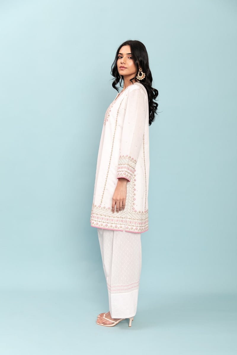 Ivory Cotton Flex Embroidered Kurta Set with Pink Dupatta