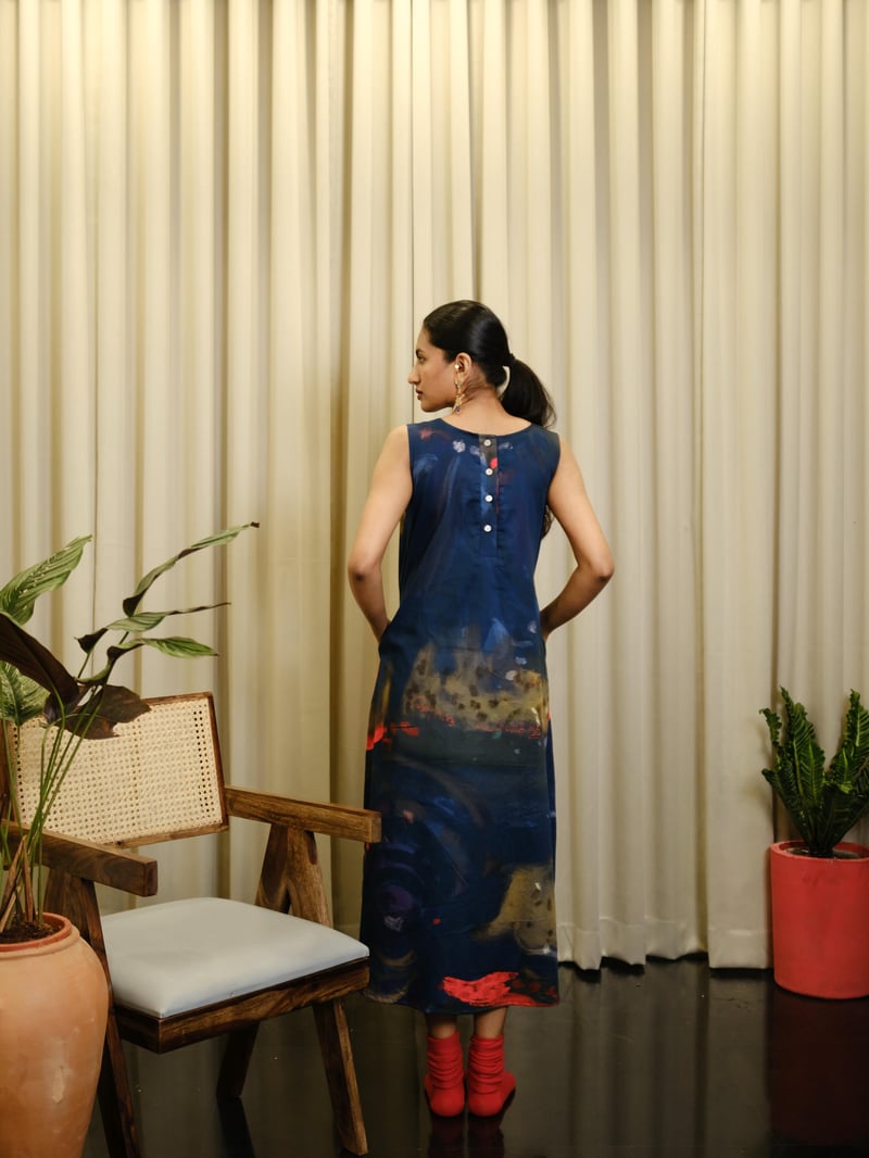 Blue Abstract Printed Cotton Satin Midi Shift Dress