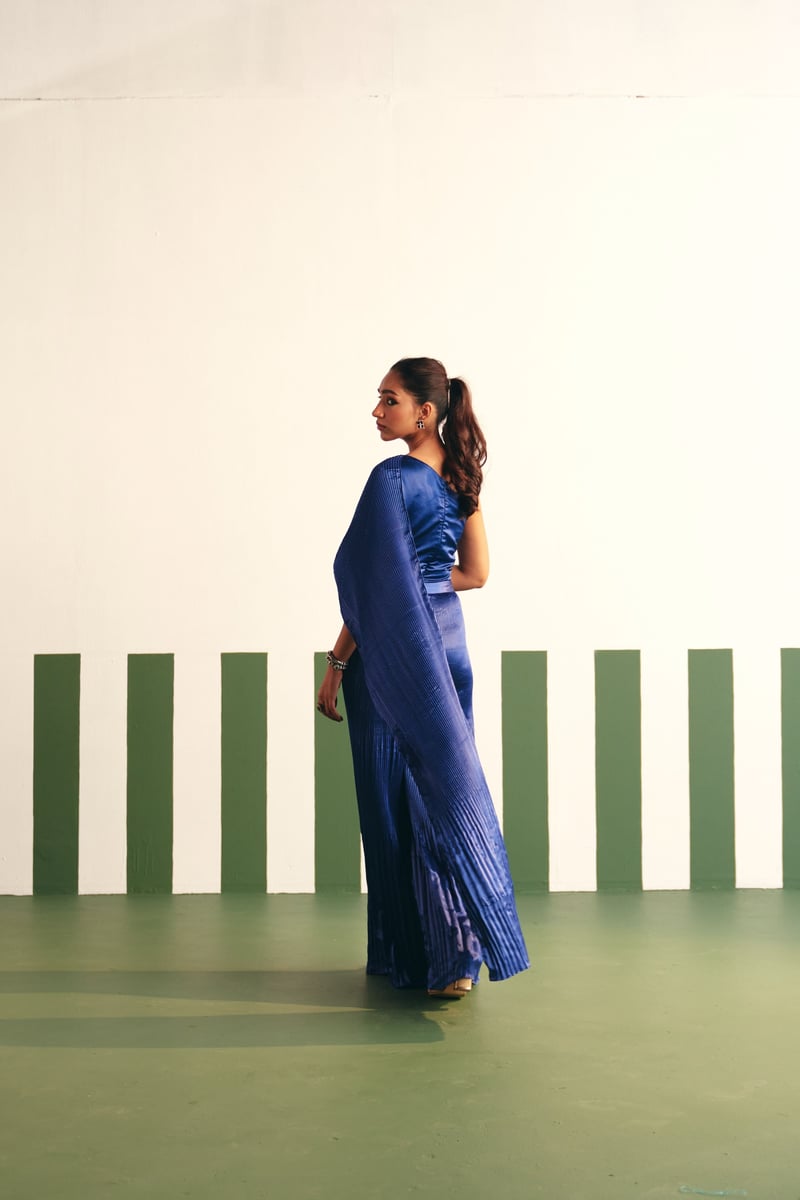 Cobalt Blue One-Shoulder Pleated Satin Drape Jumpsuit