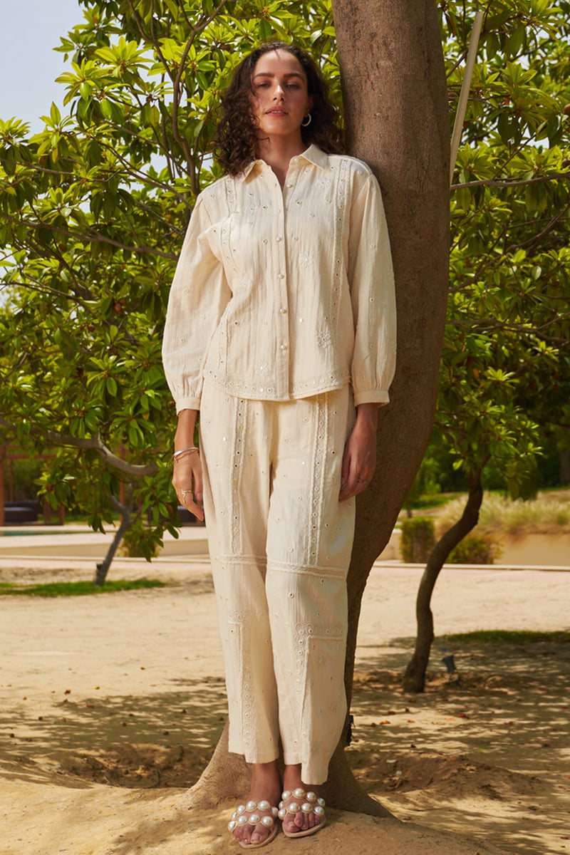 White High-Waist Wide-Leg Mirror Work Pants