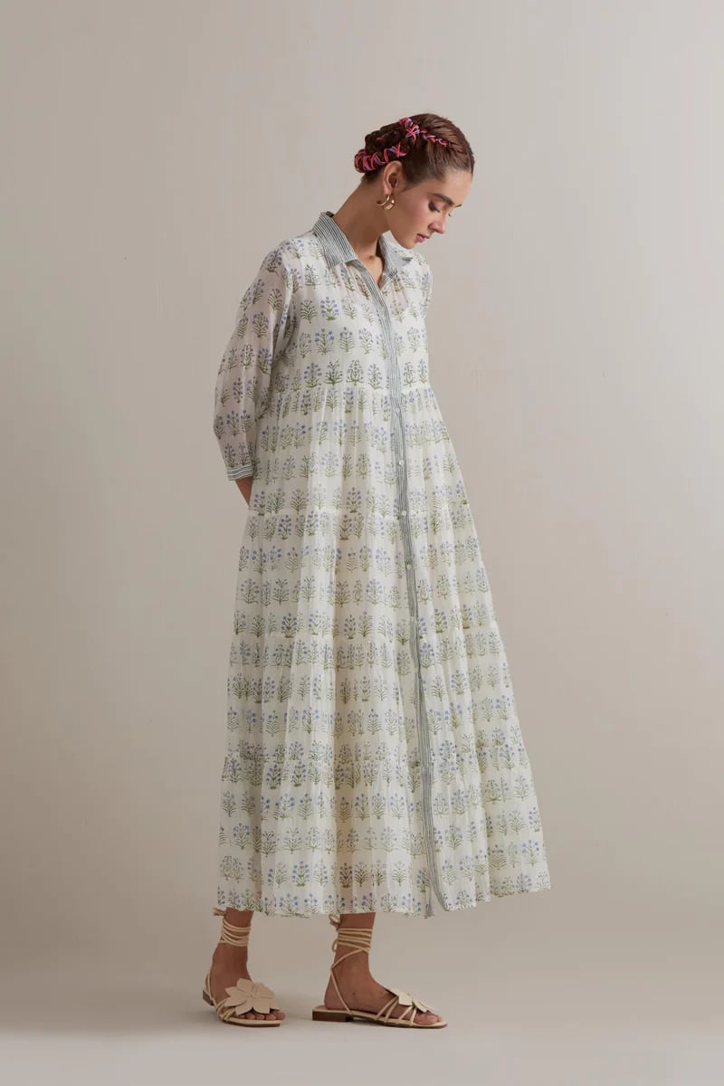 Blue/Green Floral Printed Tiered Kurta Set with Slip