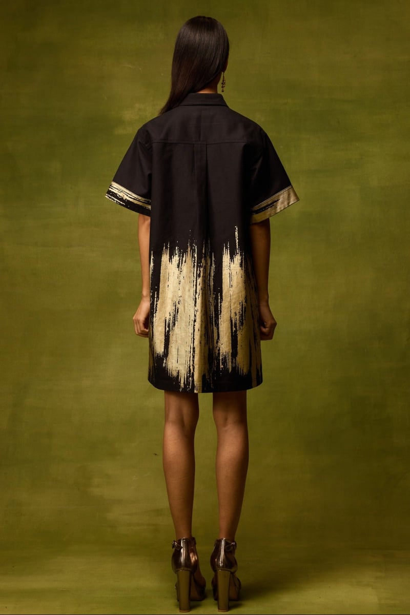 Black Denim Mini Shirt Dress with Gold Foil Detail