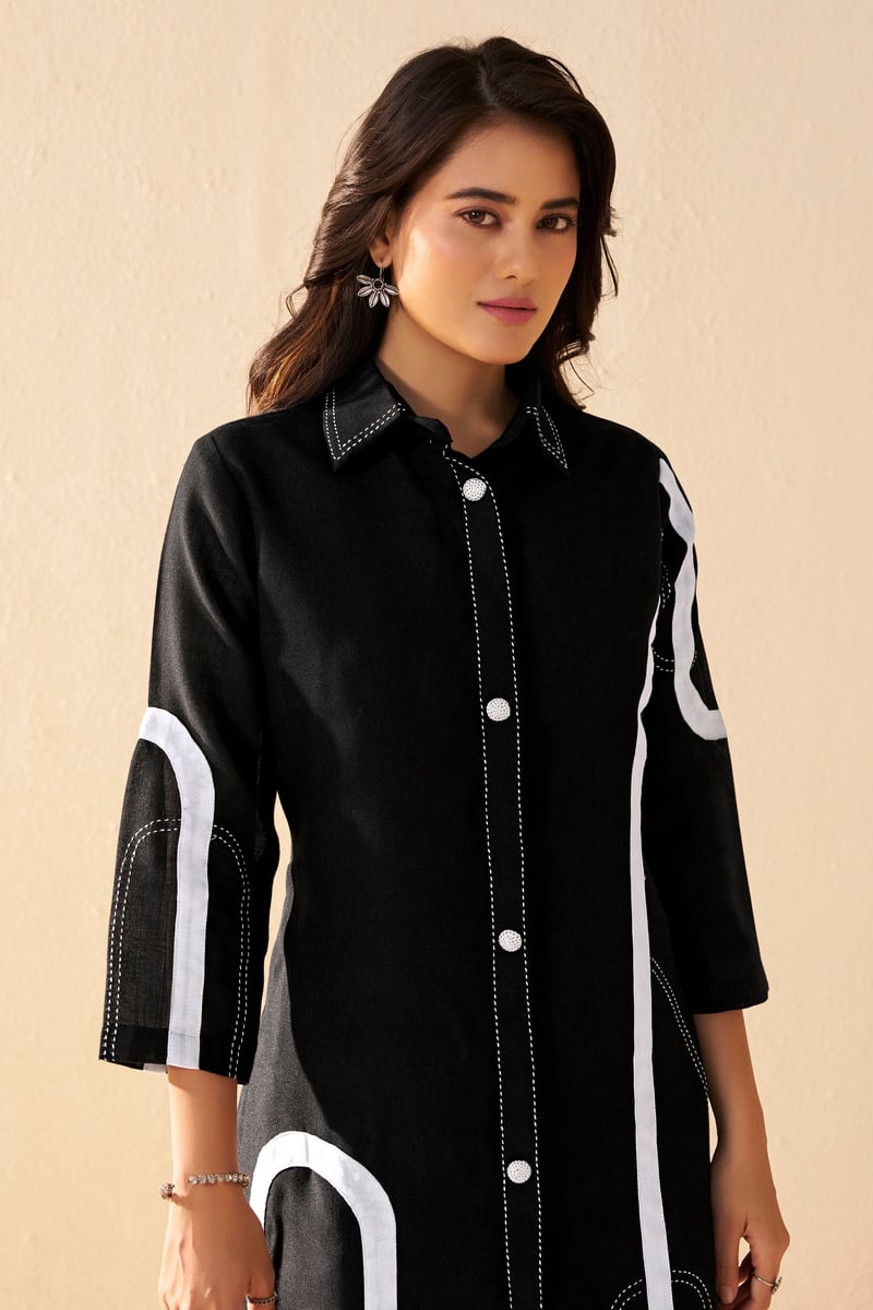 Black and White Contrast Piping Midi Shirt Dress