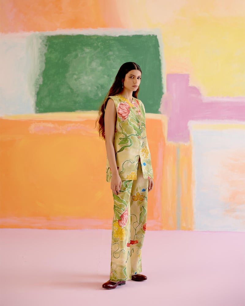 Green/Pink Floral Printed Cotton Poplin Co-ord Pants Set