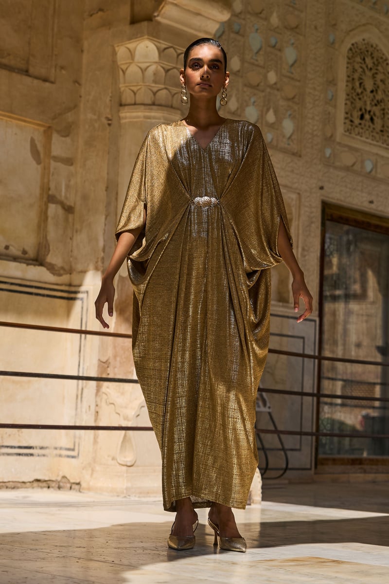 Gold Metallic Draped Maxi Kaftan with V-Neck