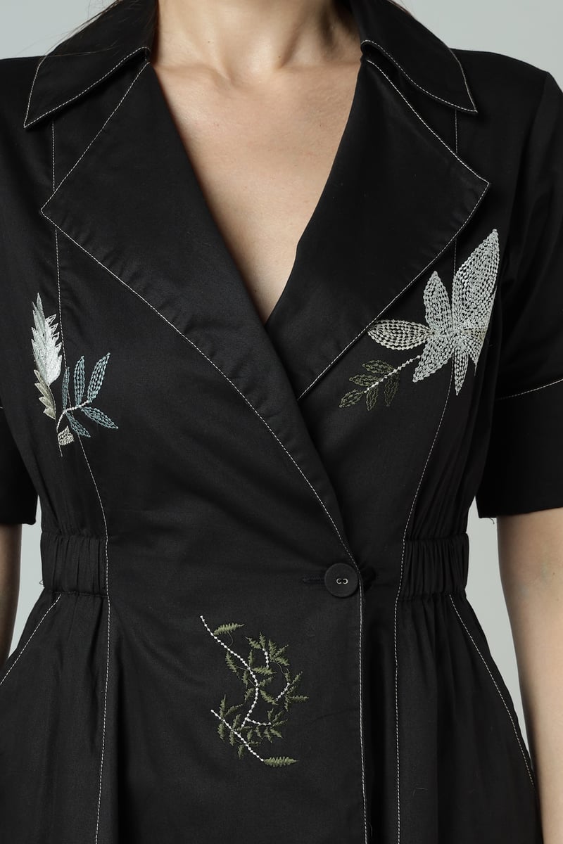 Black Suiting Wrap Midi Dress with Botanical Embroidery