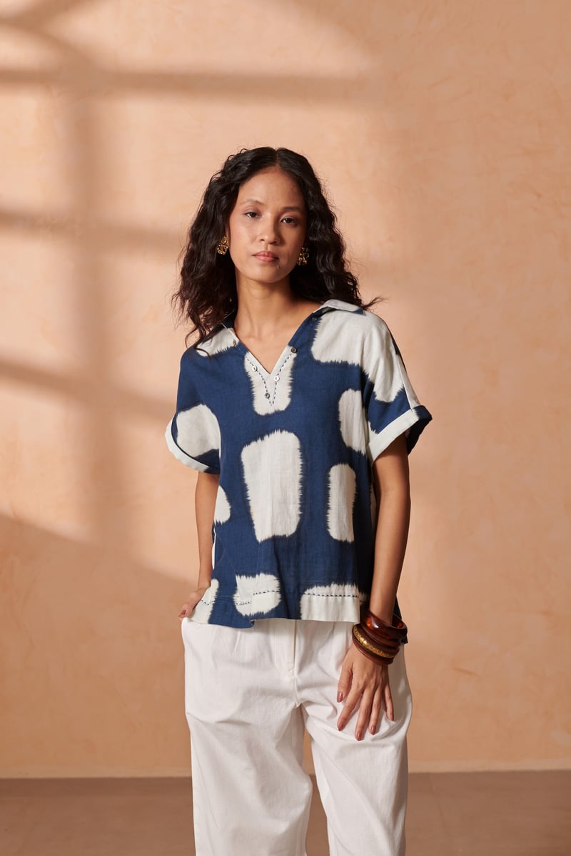 Indigo Brush-Painted Check Drop-Shoulder Cotton Top